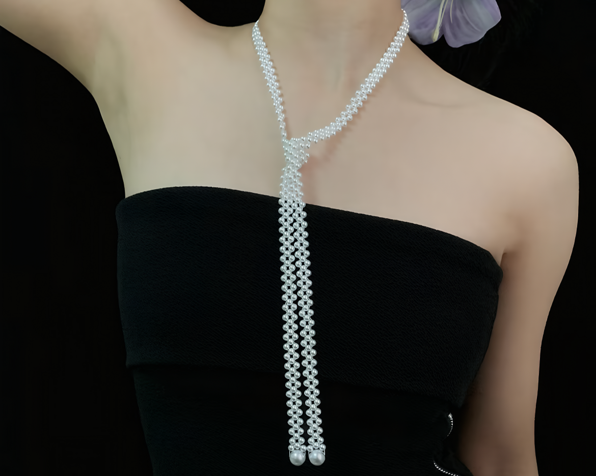 Graceful Weave Long Pearl Necklace